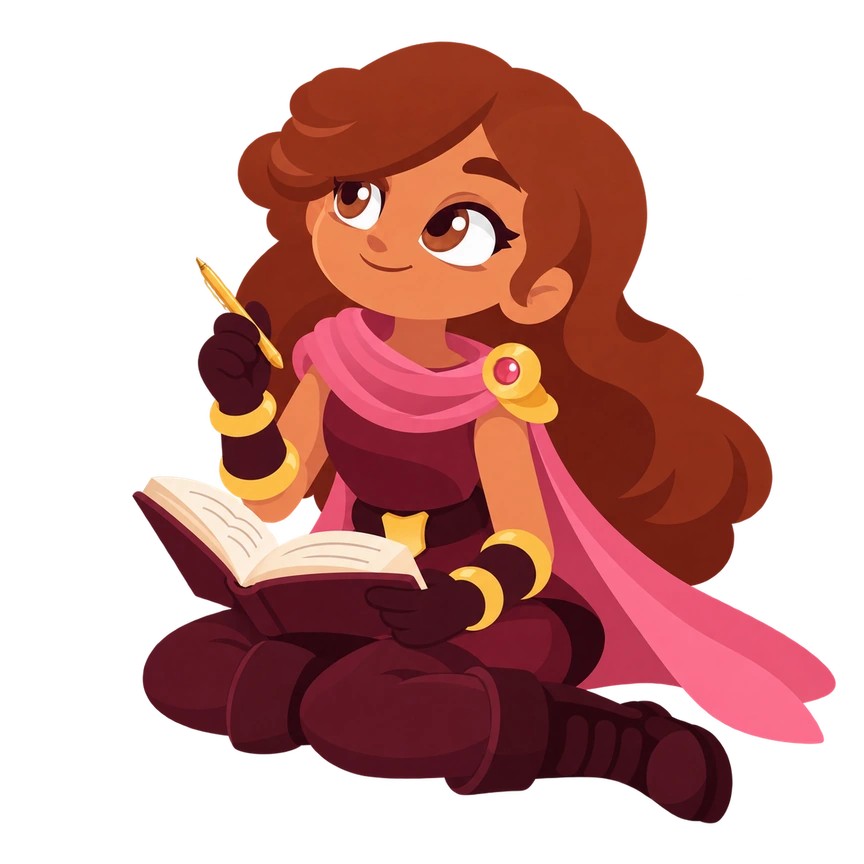 Polly reads an open storybook, looking toward the students’ words with her gold pen in hand.